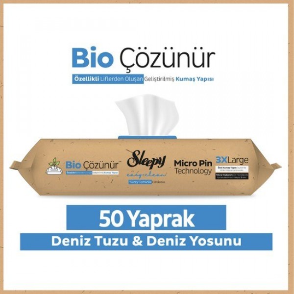 SLEEPY YÜZEY TEMİZLEME HAVLUSU 50Lİ  DENİZ TUZU & DENİZ YOSUNU BEYAZ SİRKE KARBONAT