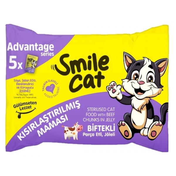 SMİLE CAT KISIRLAŞTIRILMIŞ KEDİ MAMASI 5*85GR= 425GR BİFTEKLİ PARÇA ETLİ JÖLELİ 