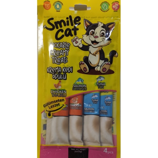 SMİLE CAT KREMA KEDİ ÖDÜLÜ 4 FİŞEK TAVUKLU SOMONLU TON 4*12GR=4GR 